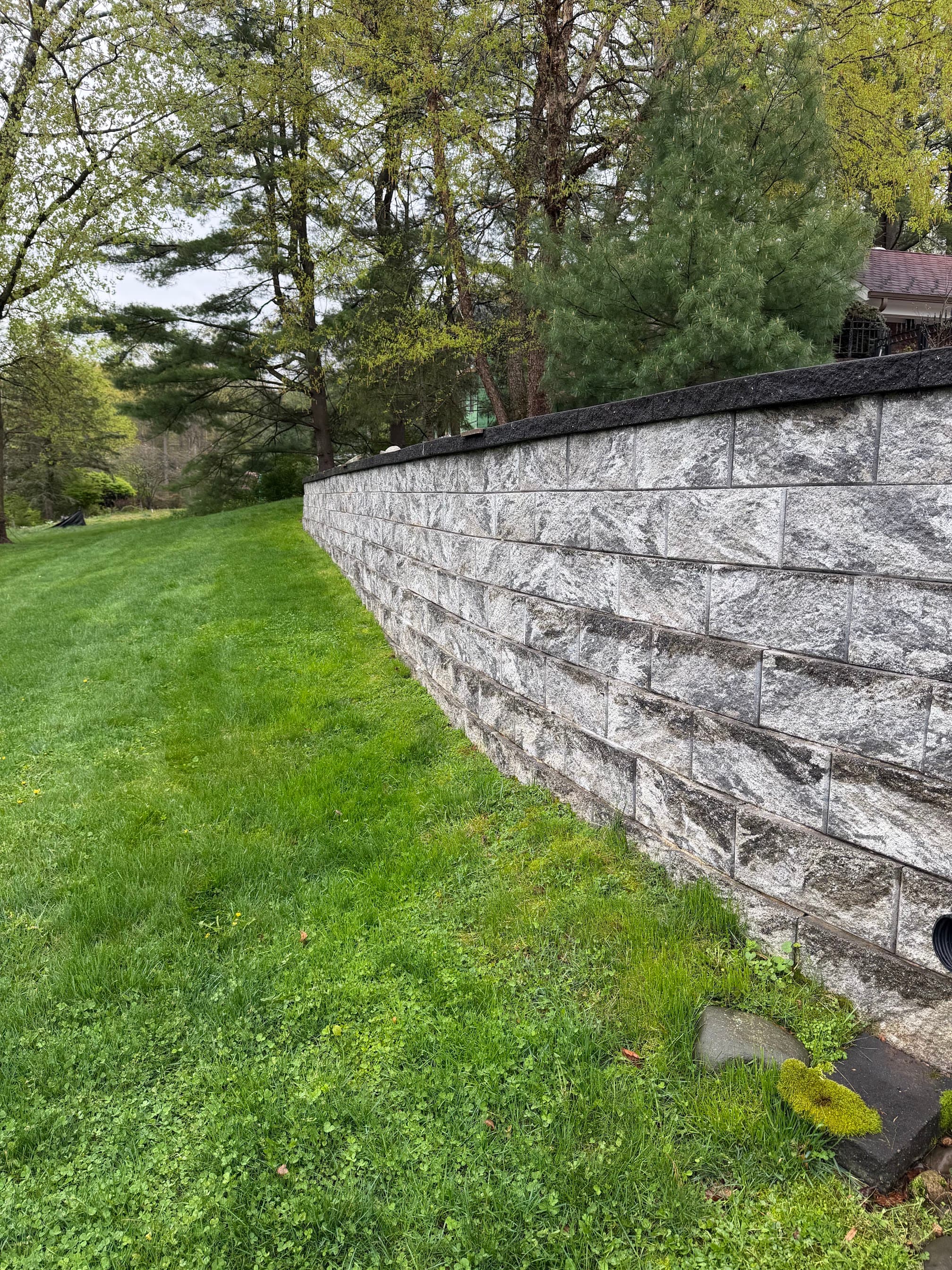 Curved gray stone retaining wall along a grassy backyard slope.
